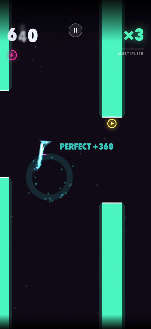 Mid-run: a perfect graze paying 360 points at a ×3 multiplier, with a power-up being collected