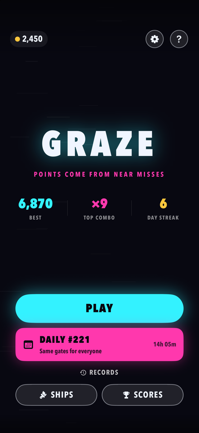 The Graze menu: best score, top combo and day streak above the play button