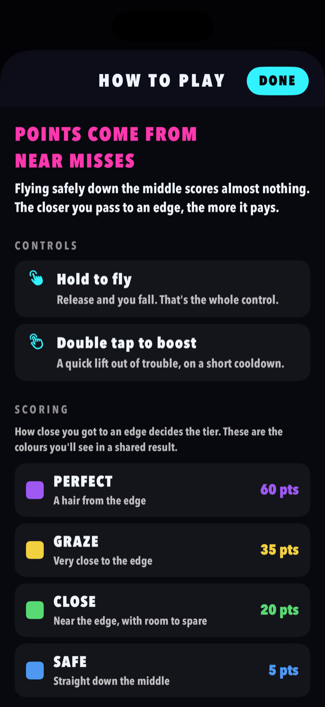 How to play: hold to fly, and the four scoring tiers