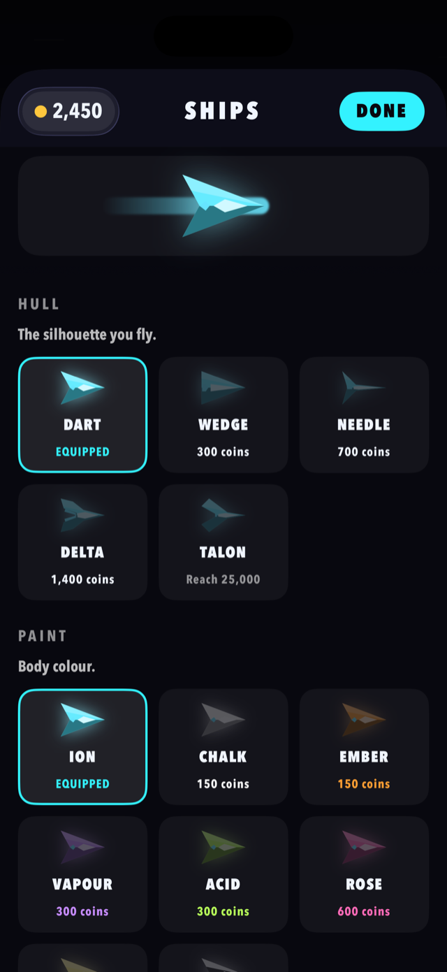 The ship shop: hulls, paints and trails bought with earned coins