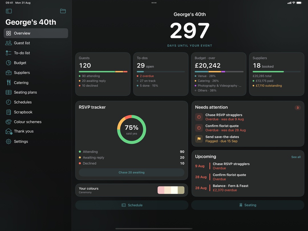 The Occasion Plans event overview on an iPad
