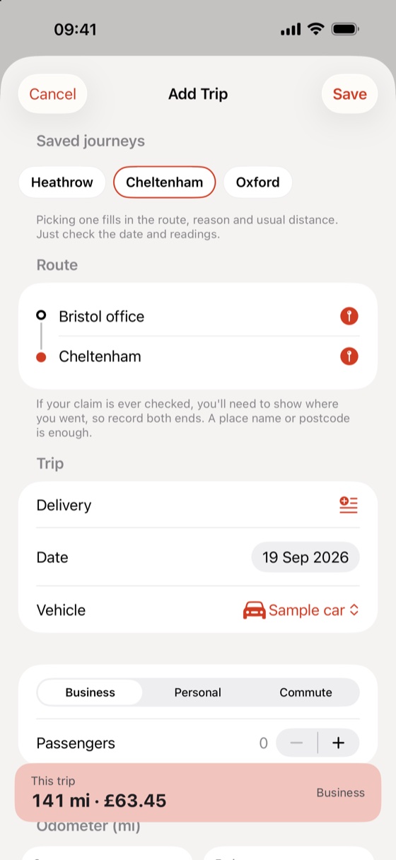 Adding a trip on an iPhone: start and end points, the reason, the odometer readings and the distance