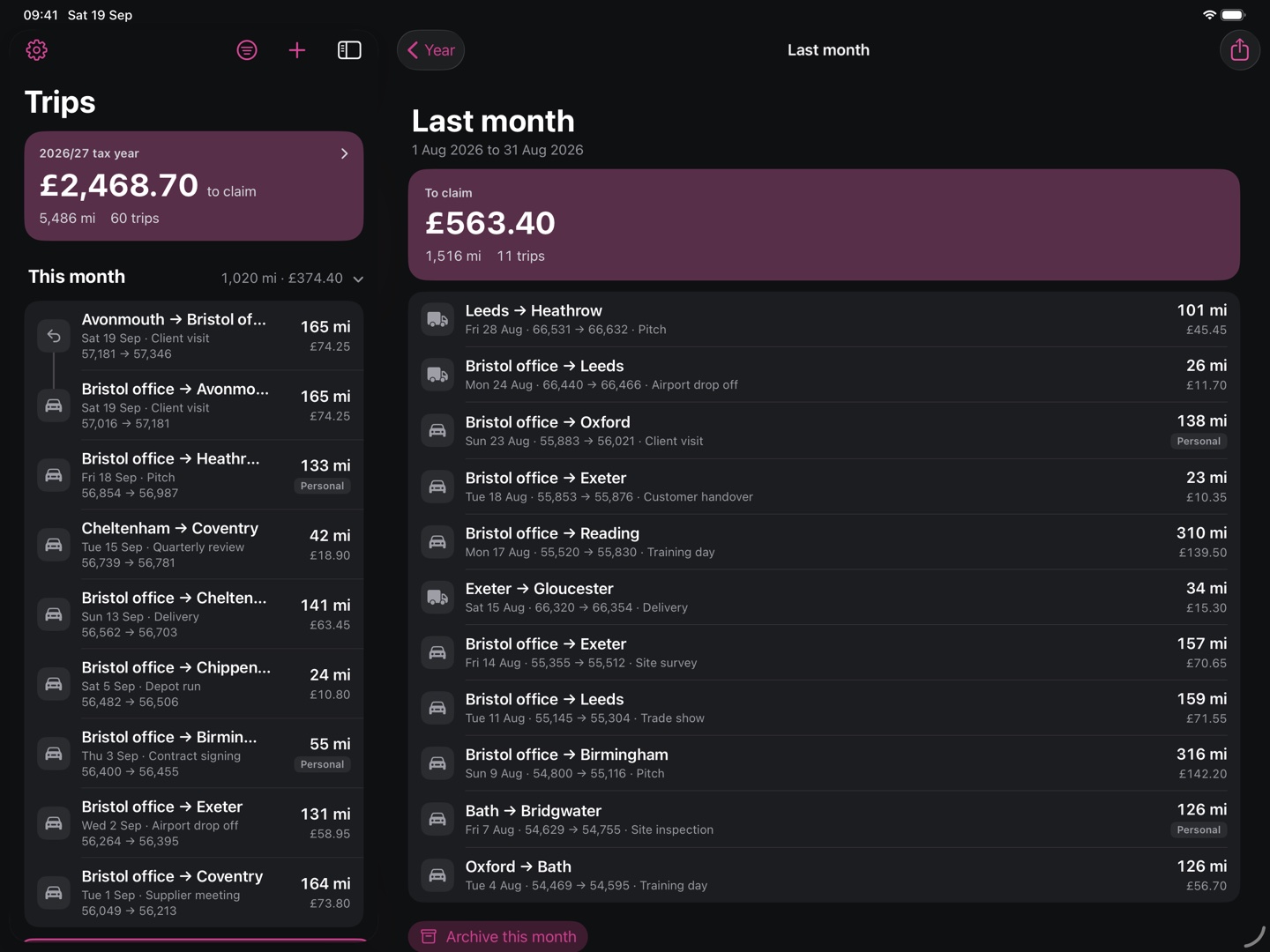 The app in dark mode on an iPad, a month of trips with their running total