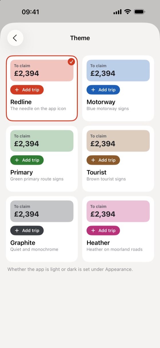 The theme picker on an iPhone, six accent colours named after road signs