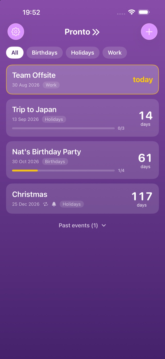 The Pronto home screen: countdown cards sorted soonest first, with today highlighted