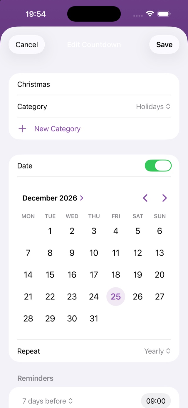 The event editor: date, repeats, reminders and category