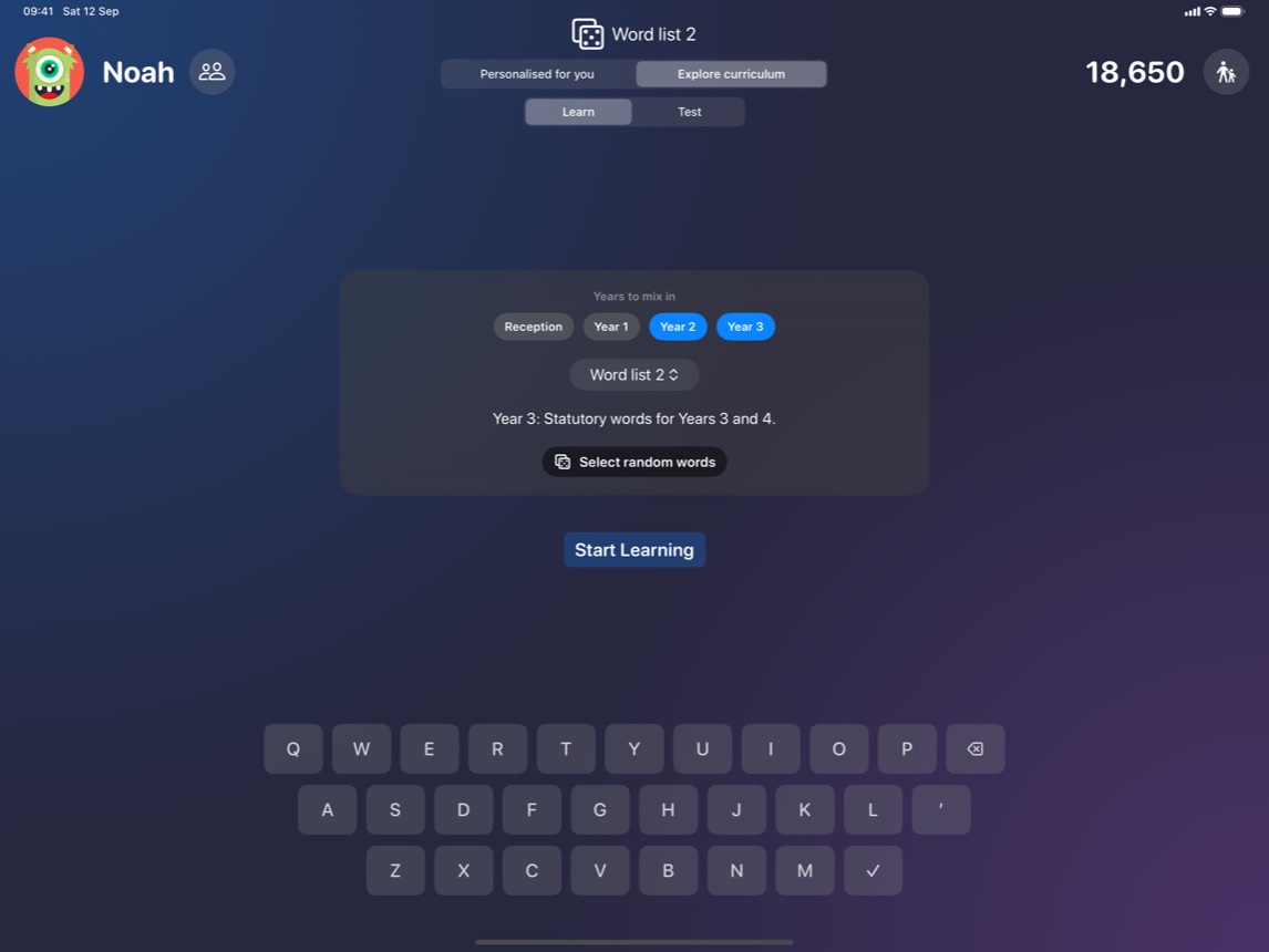 The Explore screen on an iPad: curriculum word lists arranged by year group and spelling rule
