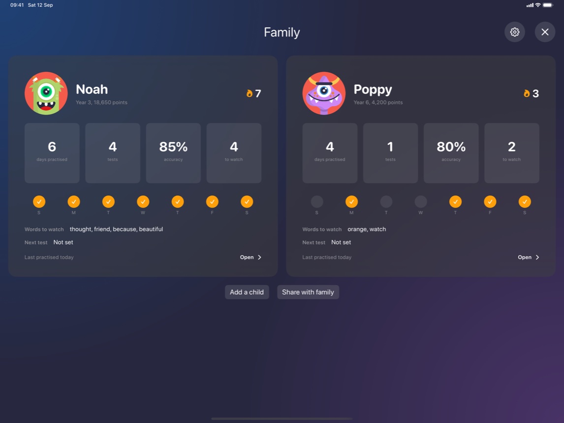 The family dashboard on an iPad: two children's weeks side by side, each with their score, streak and next test
