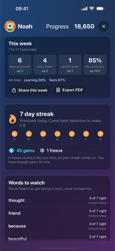 The progress screen on an iPhone: this week against last, the streak, and the words to watch